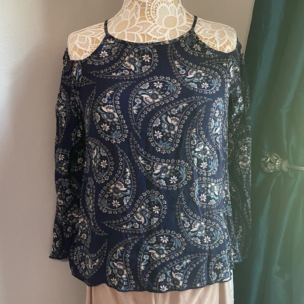 Blue Long Sleeve Asymmetrical Blouse with Relaxed Fit